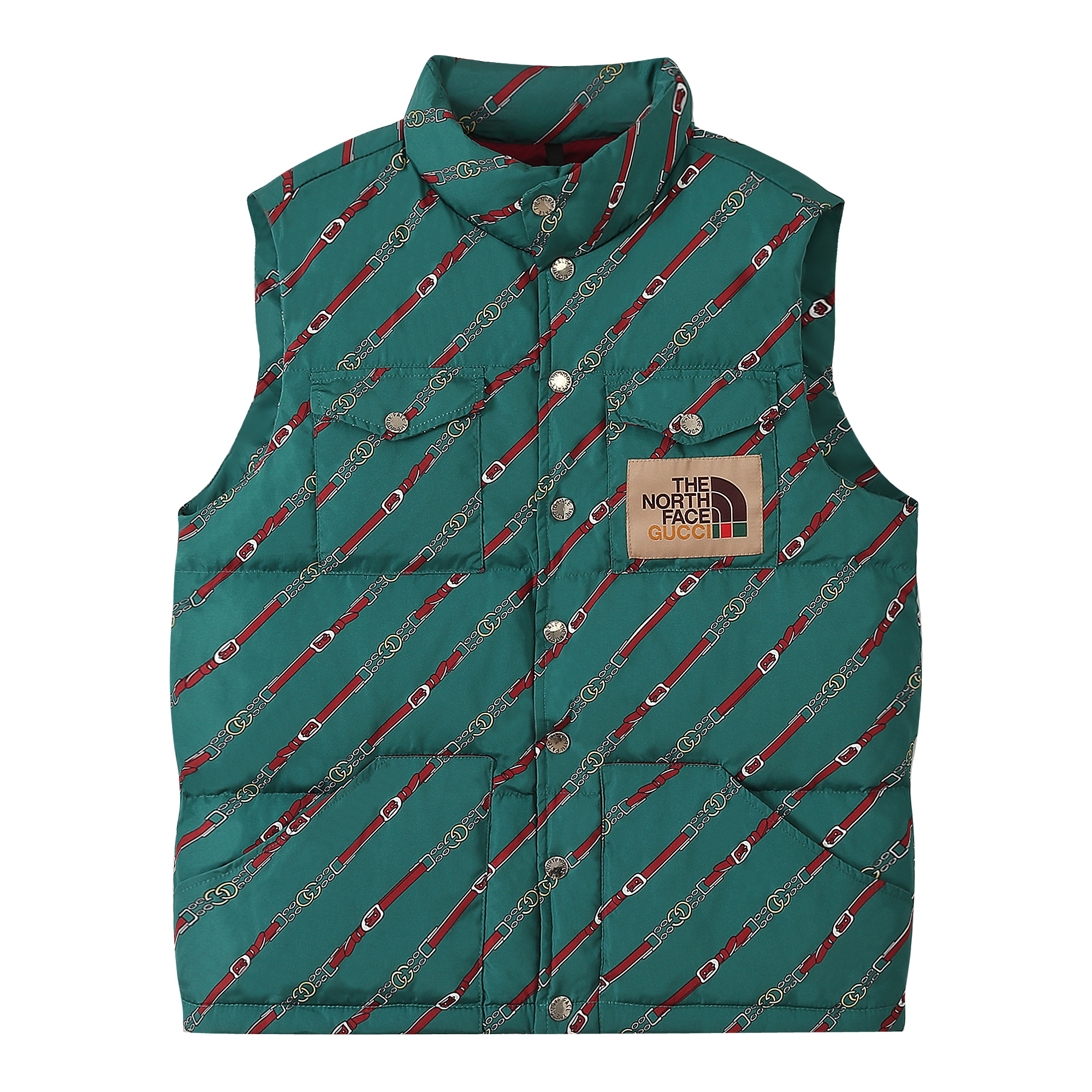 Green puffer vest with red/gold chain print and logo patch