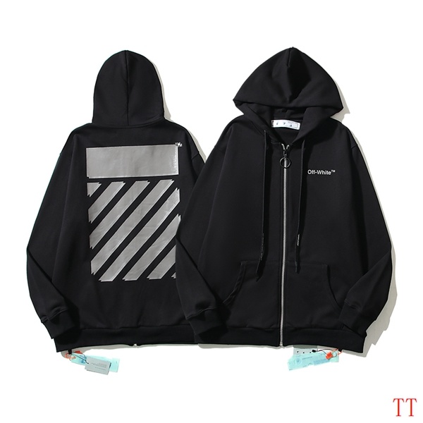 Off-White black zip-up hoodie with diagonal stripe print