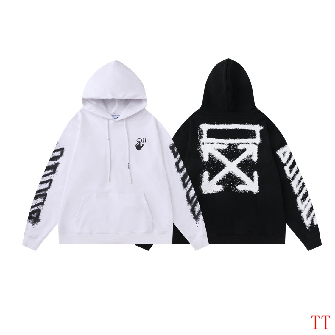 Off-White hooded sweatshirt with arrow and graffiti print, black and white