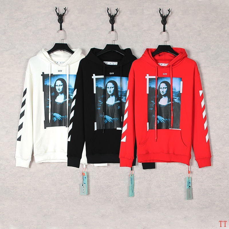 Off-White Hooded Sweatshirt with Mona Lisa Print and Diagonal Stripes - White, Black, Red