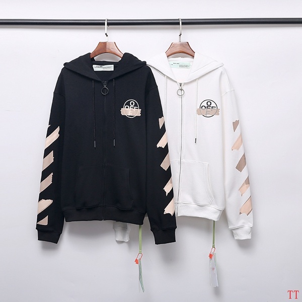 Off-White zip-up hoodie with diagonal stripe print and logo patch - Black, White