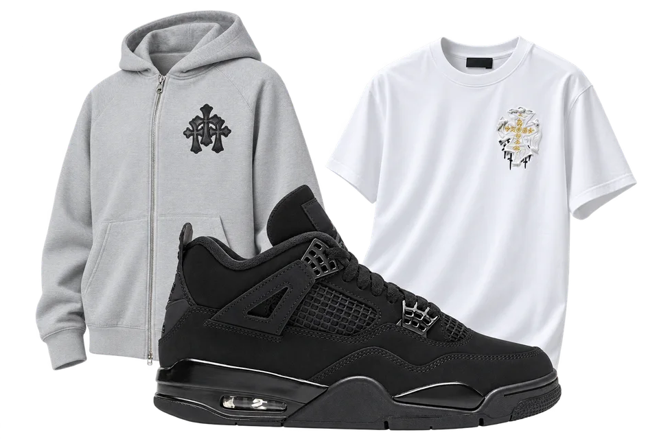 Black Air Jordan 4 with a grey zip-up hoodie and white graphic T-shirt